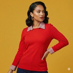 Vintage 70s I Magnin Ribbed Knit Top Red Dagger Collar Mod Polka Dot Disco M